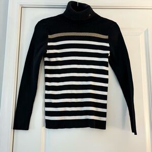 Lauren Ralph Lauren Black, White & Tan Striped Ribbed Turtleneck Sweater